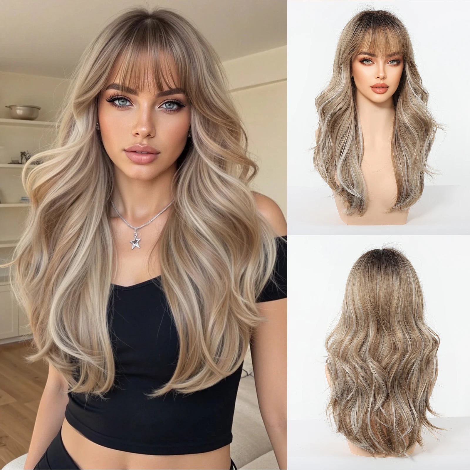 Rose Blonde Ombre Brown Long Natural Wave Synthetic Wigs with Bangs for Women Heat Resistant Daily Cosplay Party Hairs Wig Use