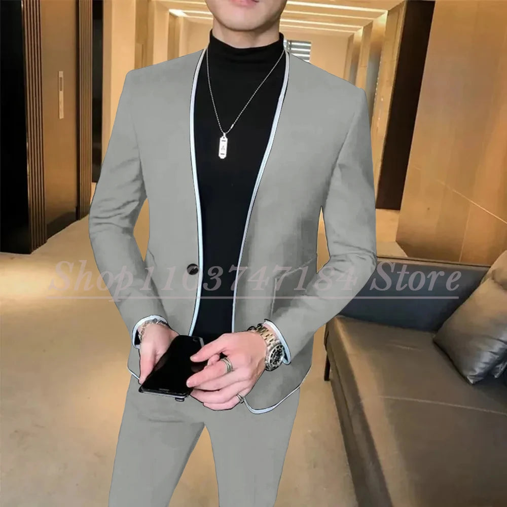 Elegant Black Gentlemen Men's Suits Slim Fit Casual Prom Party 2 Piece Jacket Pants Full Set Luxury Male Clothing Terno Blazer