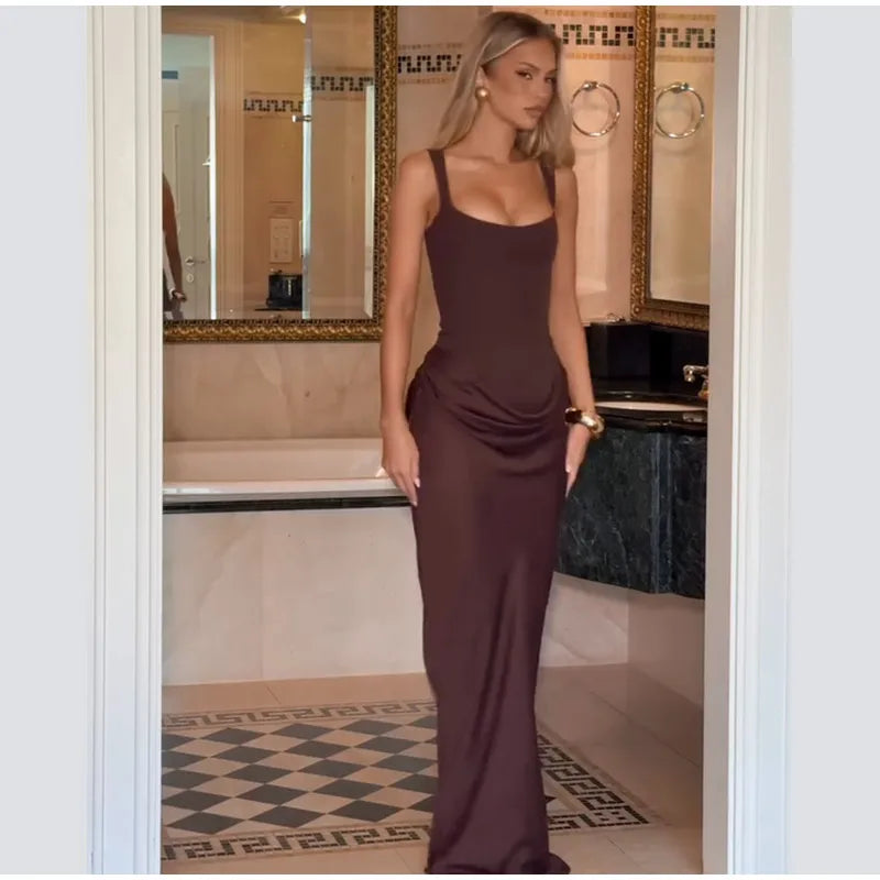 Women Brown Pleated Sling Maxi Dress Square Neck Sleeveless Off-shoulder Waist Cinching Slim Dresses Fashion Evening Party Gowns