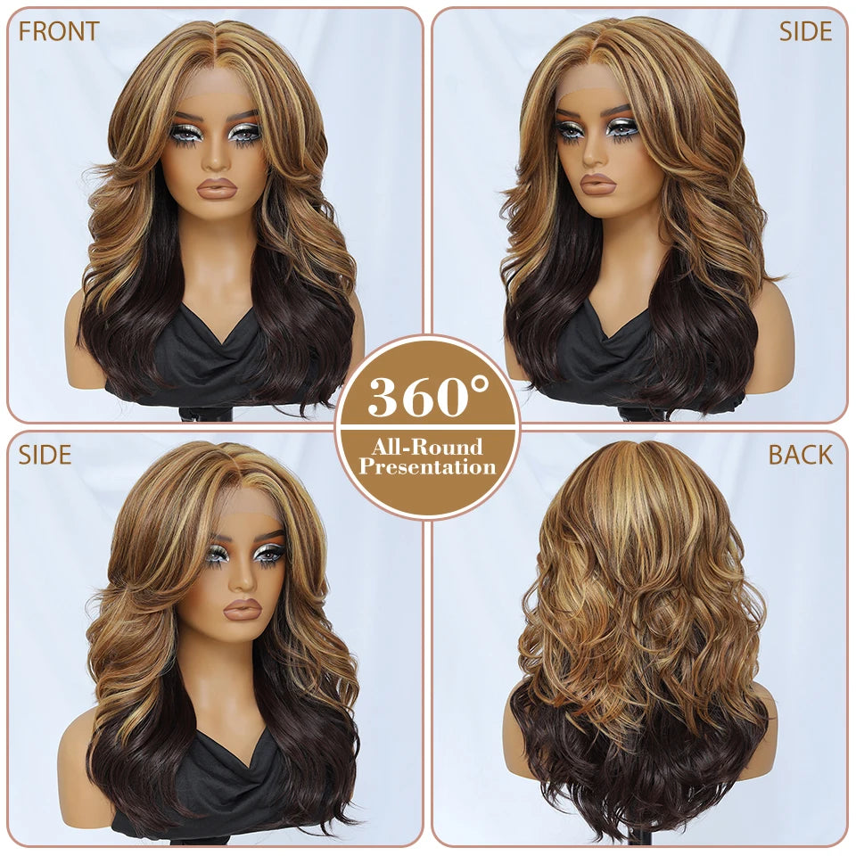 Layered Wigs 13x5x1T-Part Lace Wig With Bangs For Women 18 Inch Red Synthetic Lace Front Wig For Daily Use Ombre Brown Afro Wigs