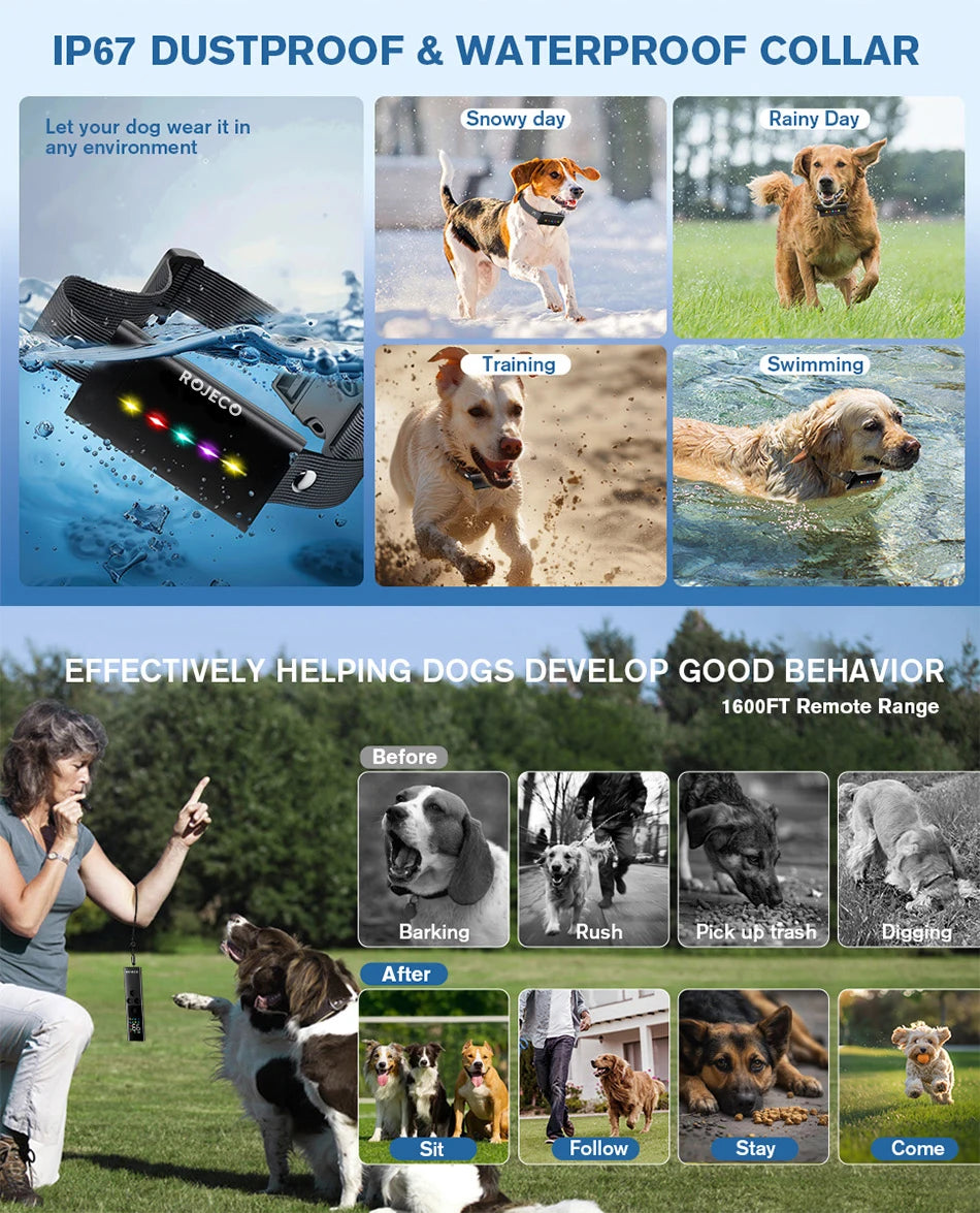 ROJECO  Dog Training Collar with Remote Control 1600FT IP67 Waterproof Electric Dog Collar For Pet Dog Bark Control Stop Collar