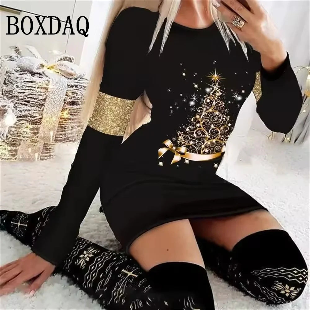 Women Christmas Party 3D Funny Snowman Christmas Element Printed  2025 Autumn Winter Long Sleeve Casual Bodycon D.