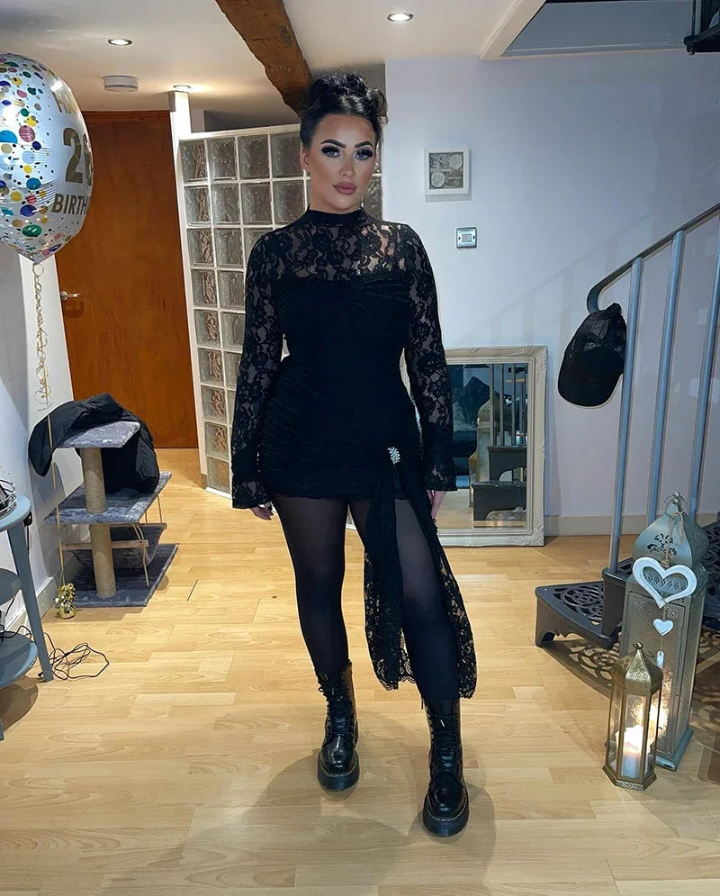Lace Long Sleeve Sexy Mini Dress For Women Robe Fashion Black See Through Draped Ruched Bodycon Club Party Dress