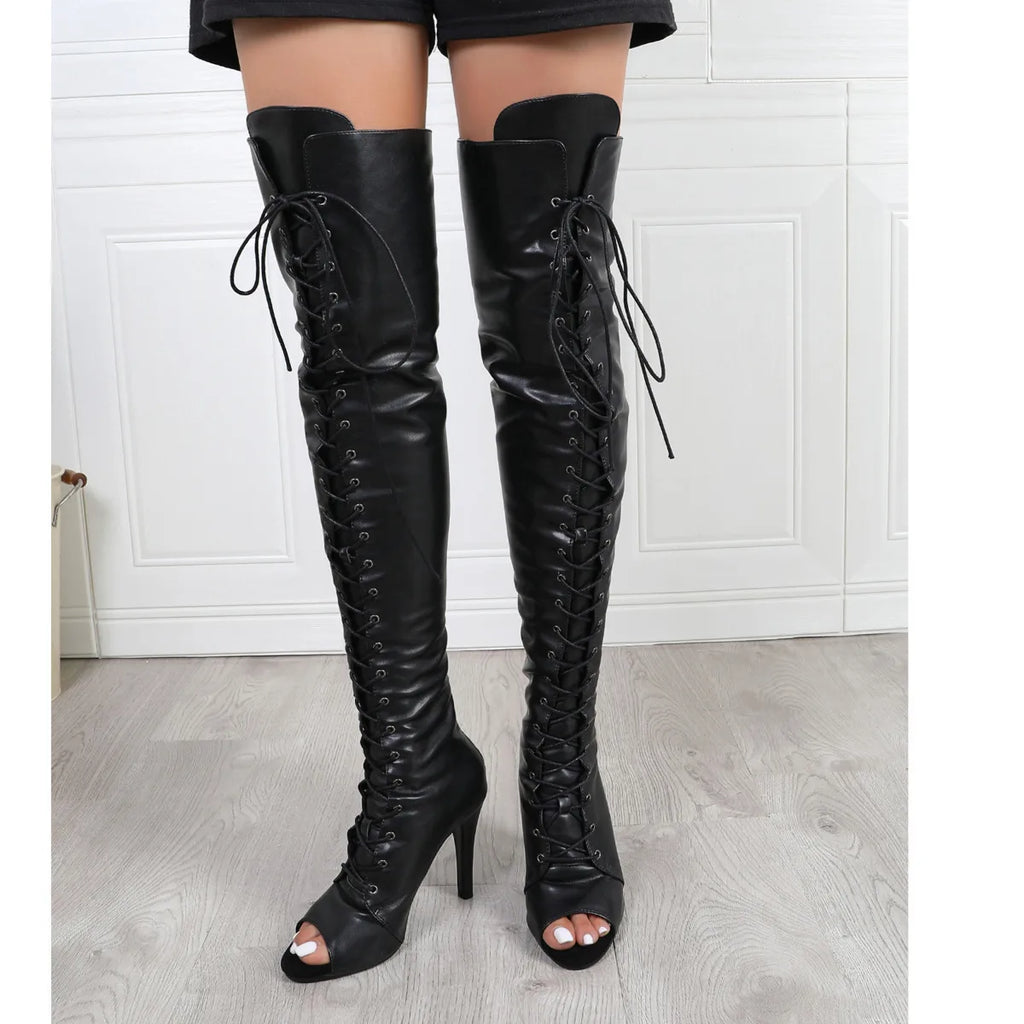 Black High Women Heels Soft Peep Toe Boots Stilettos Jazz Dance Over the Knee Shoes for Latin Dancing Big Size, match with women's dress