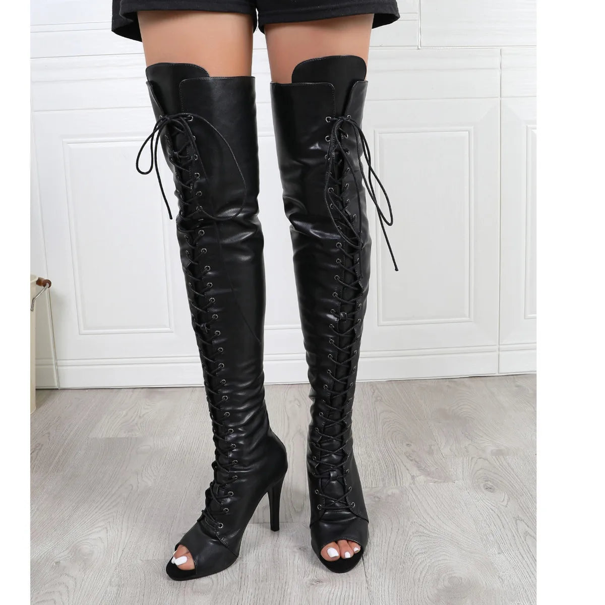 Black High Women Heels Soft Peep Toe Boots Stilettos Jazz Dance Over the Knee Shoes for Latin Dancing Big Size, match with women's dress