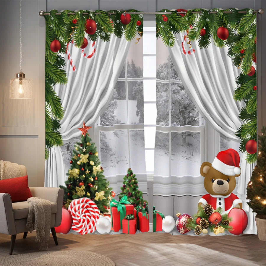 2pcs Christmas Teddy Bear Print Blackout Curtains Insulation Multiple Sizes Living Room Bedroom Decoration, Machine Washable