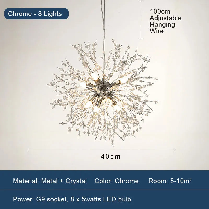 LED Dandelion Pendant Light Modern Crystal Beads Hanging Light Dining Room Living Room Bar Counter Home Decoration G9