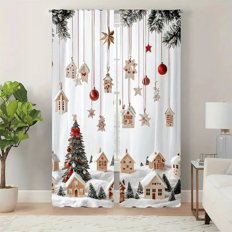 2pcs - Christmas gingerbread house and cedar tree pattern printed curtains, pole bag curtains, home decoration, room decoration