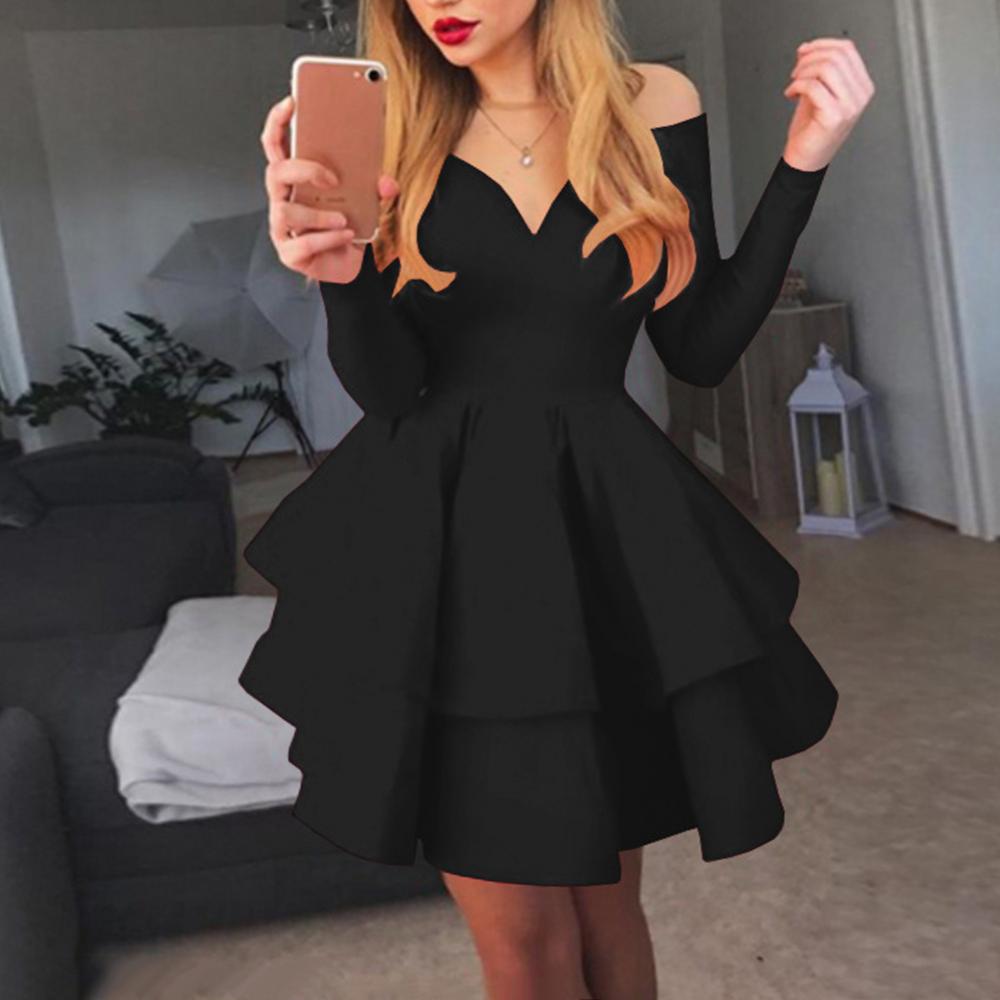 Elegant Women Long Sleeve V Neck Off Shoulder Large Swing Ruffled Hem Mini Dress