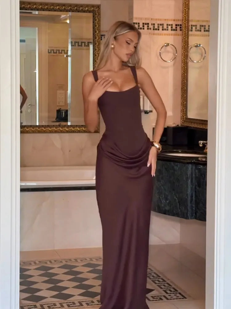 Women Brown Pleated Sling Maxi Dress Square Neck Sleeveless Off-shoulder Waist Cinching Slim Dresses Fashion Evening Party Gowns