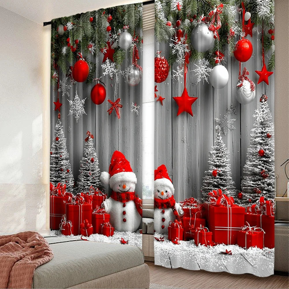 2pcs 2D flat printing Merry Christmas Curtains Festive Snowmen Durable polyester fiber Birthday Party for Outdoor Holiday