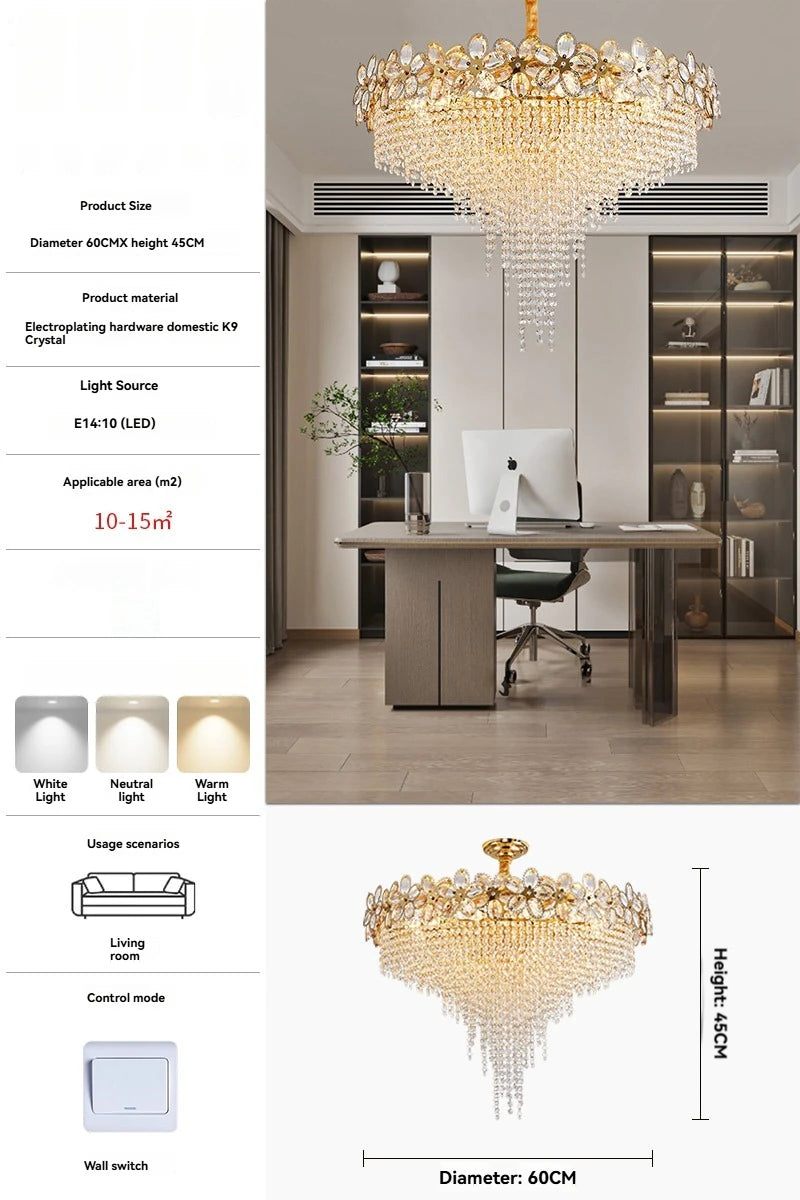 Modern Flower Crystal Tassel Chandelier Living Room Dining Room Gold Crystal Ceiling Pendant Lights Vila Lobby Lighting Fixtures