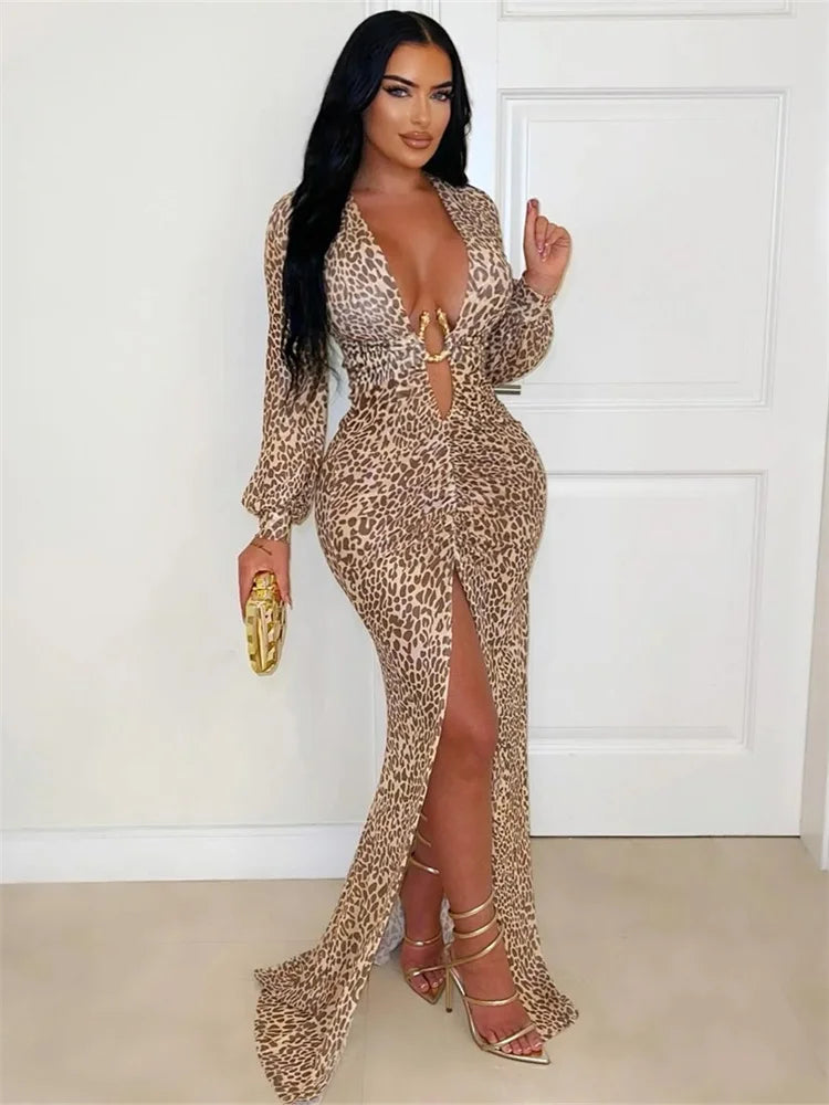 Sexy Leopard Split Dress Women Deep V-Neck Metal Decoration Elegant Peach Hip Street Club Stretch Skinny Maxi Bodycon