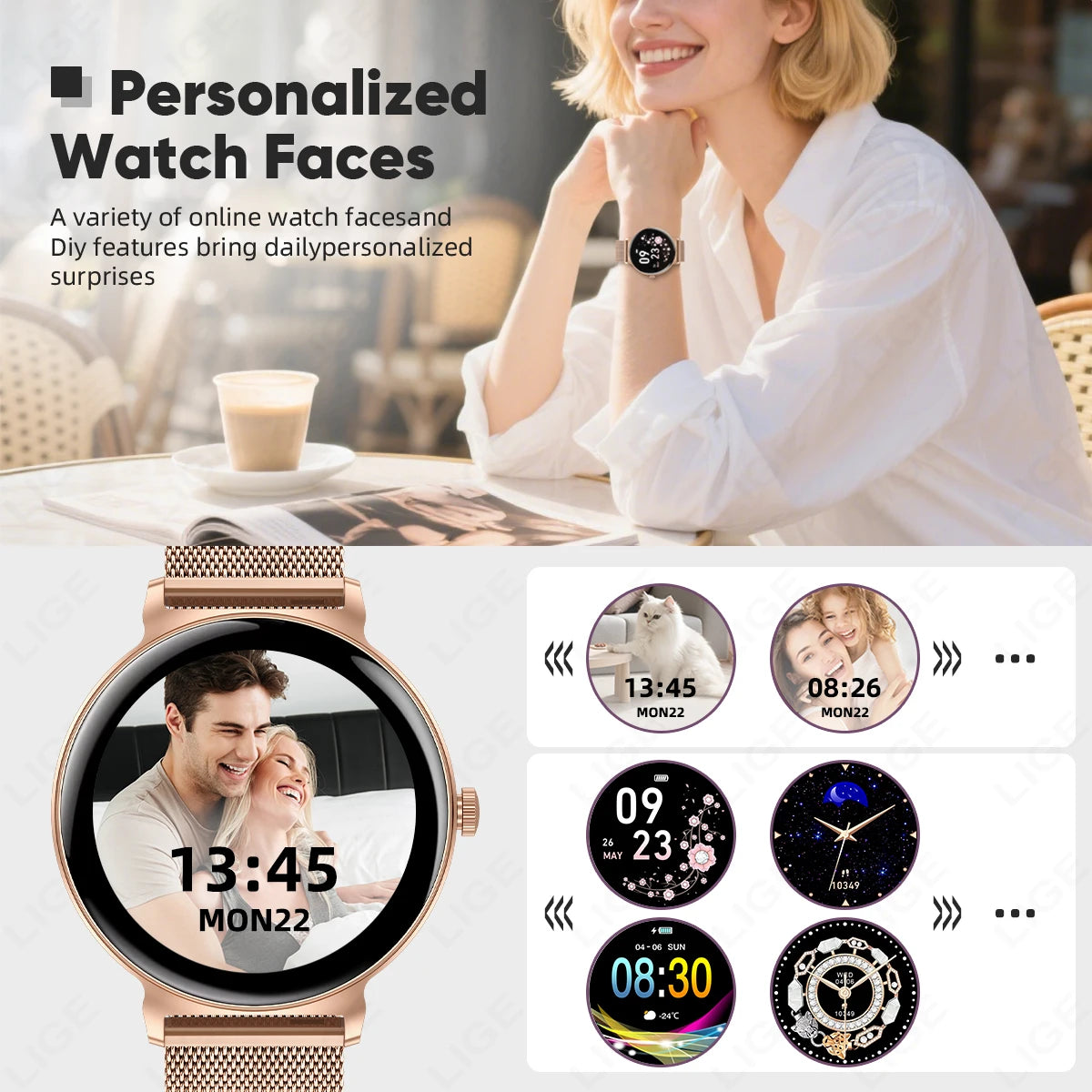 LIGE Ultra-thin Smart Watch Ladies Bluetooth Call Custom Dial Sport Heart Rate Health Tracking Watch Waterproof Women Smartwatch