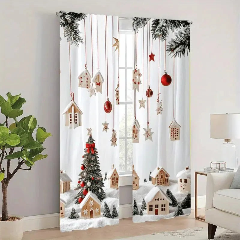 2pcs - Christmas gingerbread house and cedar tree pattern printed curtains, pole bag curtains, home decoration, room decoration