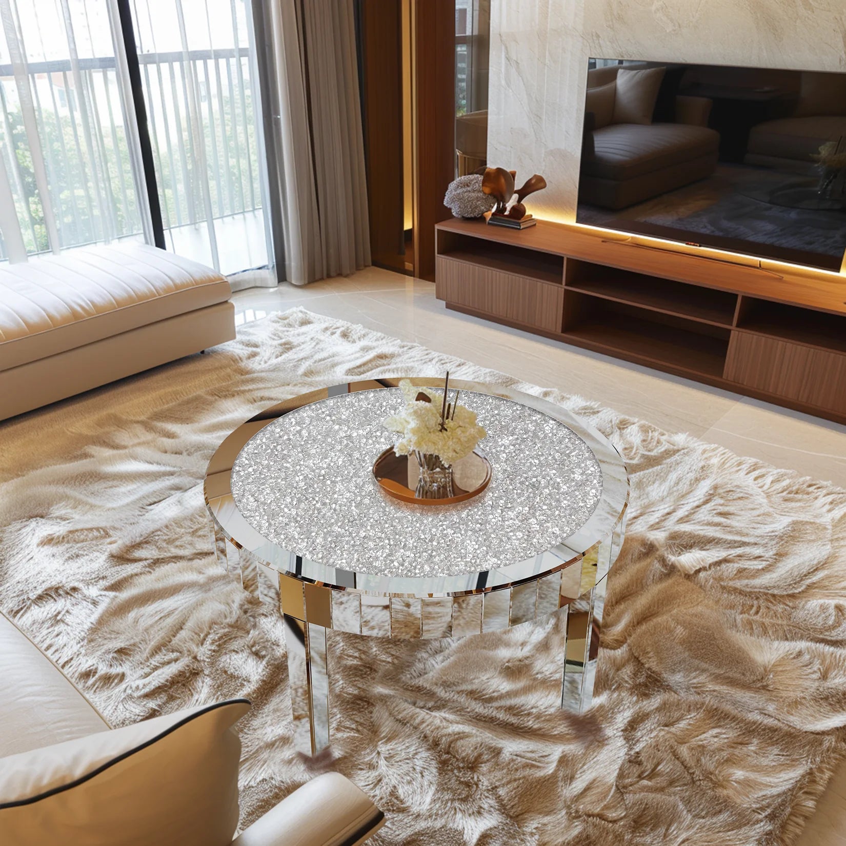Luxury Round Silver Mirror Coffee Table Crystal Diamonds Inlay Accent Table Living Room Bedroom Modern Home Decor Furniture