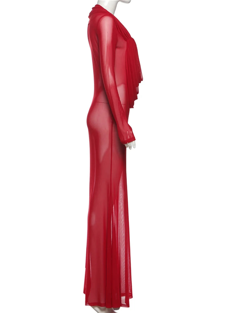 Nibber Sexy Swinging Collar Maxi Dress Women Patchwork See Through Full Sleeve Midnight Party Skinny Coquett Wild Vestidos