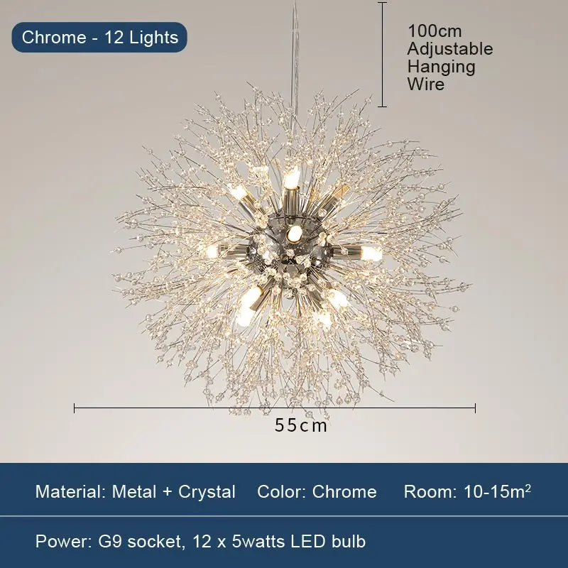 LED Dandelion Pendant Light Modern Crystal Beads Hanging Light Dining Room Living Room Bar Counter Home Decoration G9