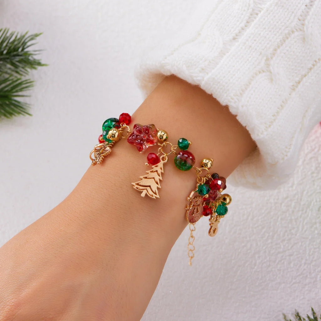 Christmas Snowflake Tree Santa Claus Snowman Reindeer Bell Resin Star Crystal Beads Bracelet For Women Men New Year Holiday Gift
