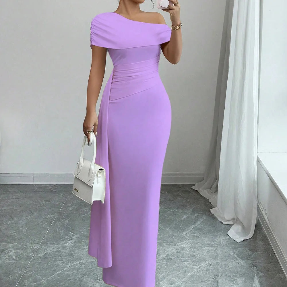 Sheath Dress Women Party Long Dresses Asymmetrical Diagonal Collar Slim Folds Maxi Gown Summer 2025 Female Sexy Vestidos