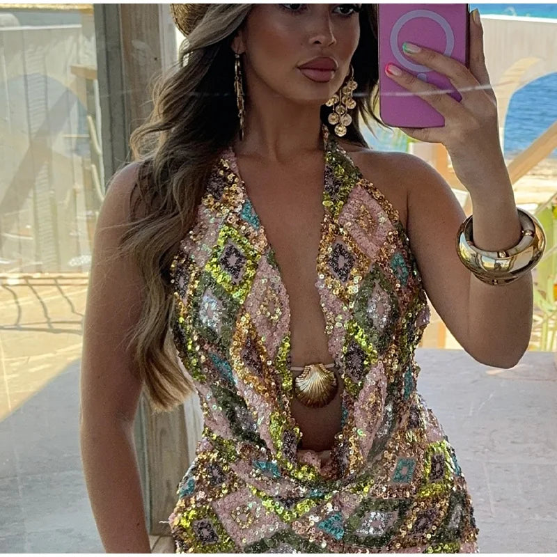 Colorful Sequin Halter Plunge-Neck Set Sleeveless Backless Vest Bodycon Mini Skirt 2025 Summer Party Chic Suit Sexy Lady Outfit