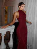 2026 New Women's Elegant Shiny Party Bodycon Robes Sexy Slim Sequins Red Sleeveless Long Dress Fashion Solid Maxi Gown Dresses