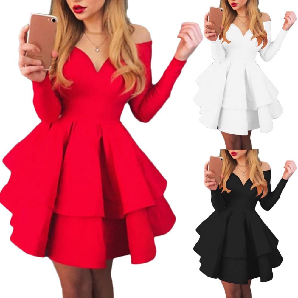 Elegant Women Long Sleeve V Neck Off Shoulder Large Swing Ruffled Hem Mini Dress