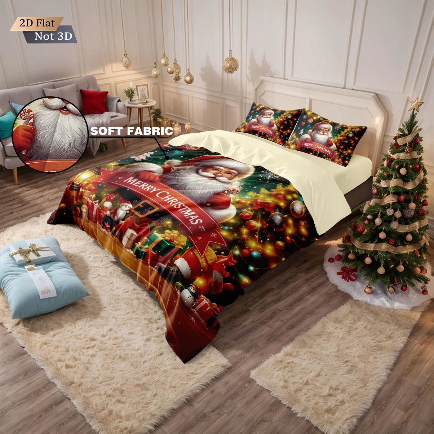 3pcs Merry Christmas Santa Claus print coreless bedding set multiple size bedrooms bedding holiday decorations, machine washable