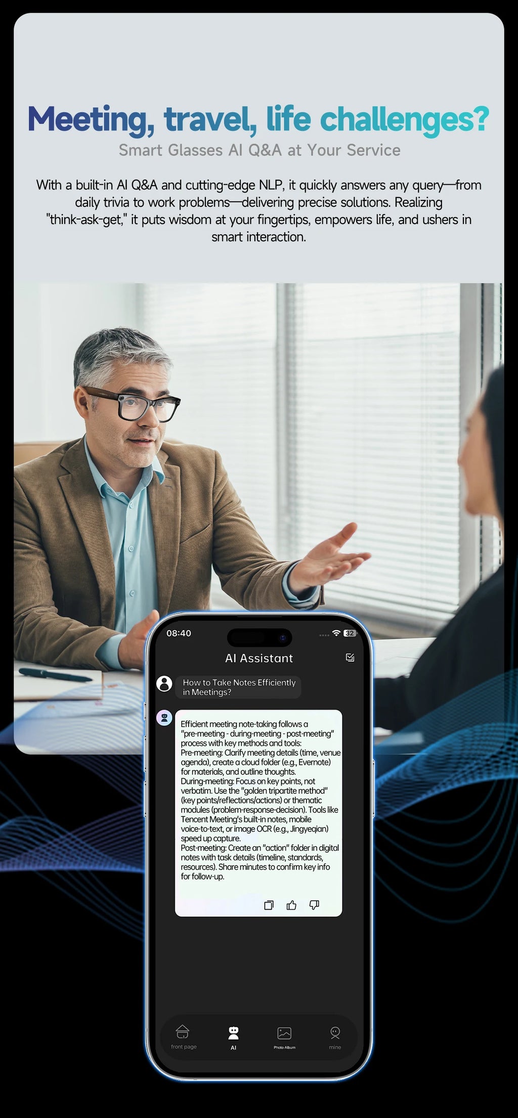 Smart AI Translation Smart Glasses Take Photos Recognizing Objects 4K Camera Bluetooth Music Call Intelligent Recording Glasses