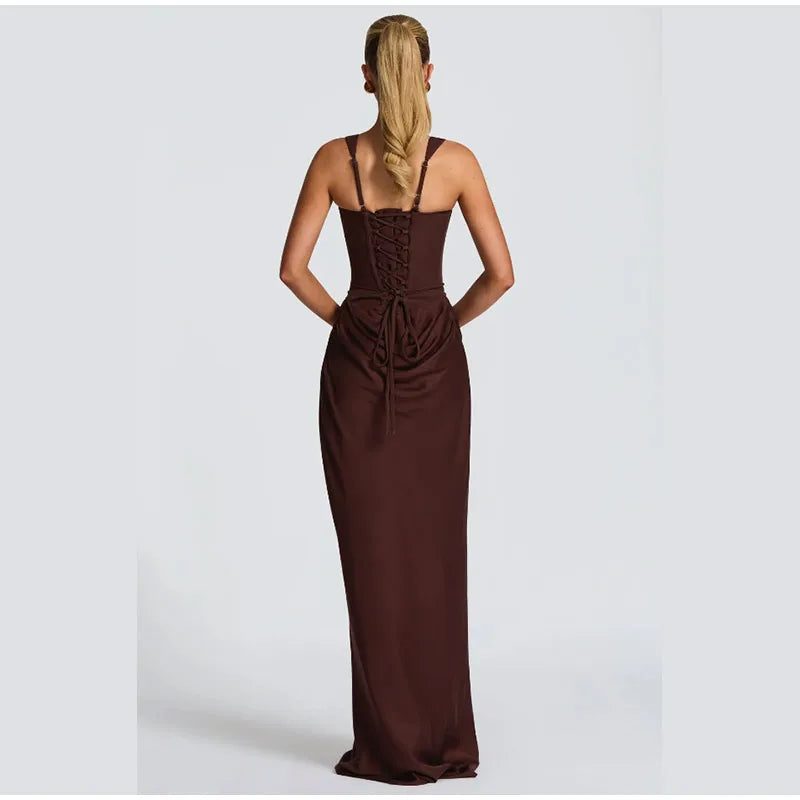 Women Brown Pleated Sling Maxi Dress Square Neck Sleeveless Off-shoulder Waist Cinching Slim Dresses Fashion Evening Party Gowns