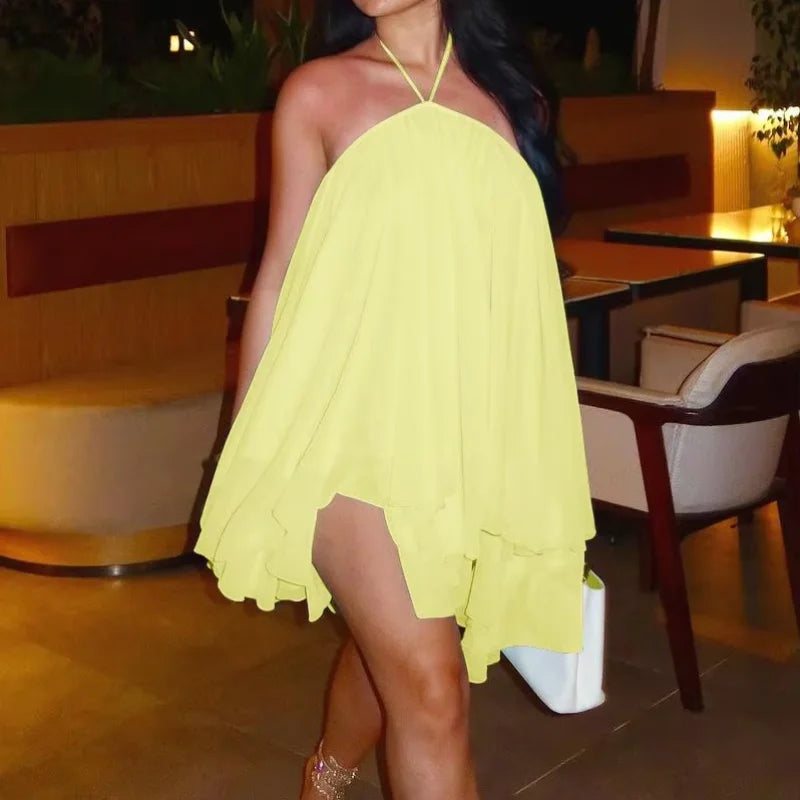 Elegant Halter Ruffles Short Dress Women Loose Solid Strapless Sleeveless Backless Dresses 2025 Summer Lady Beach Vacation Robes