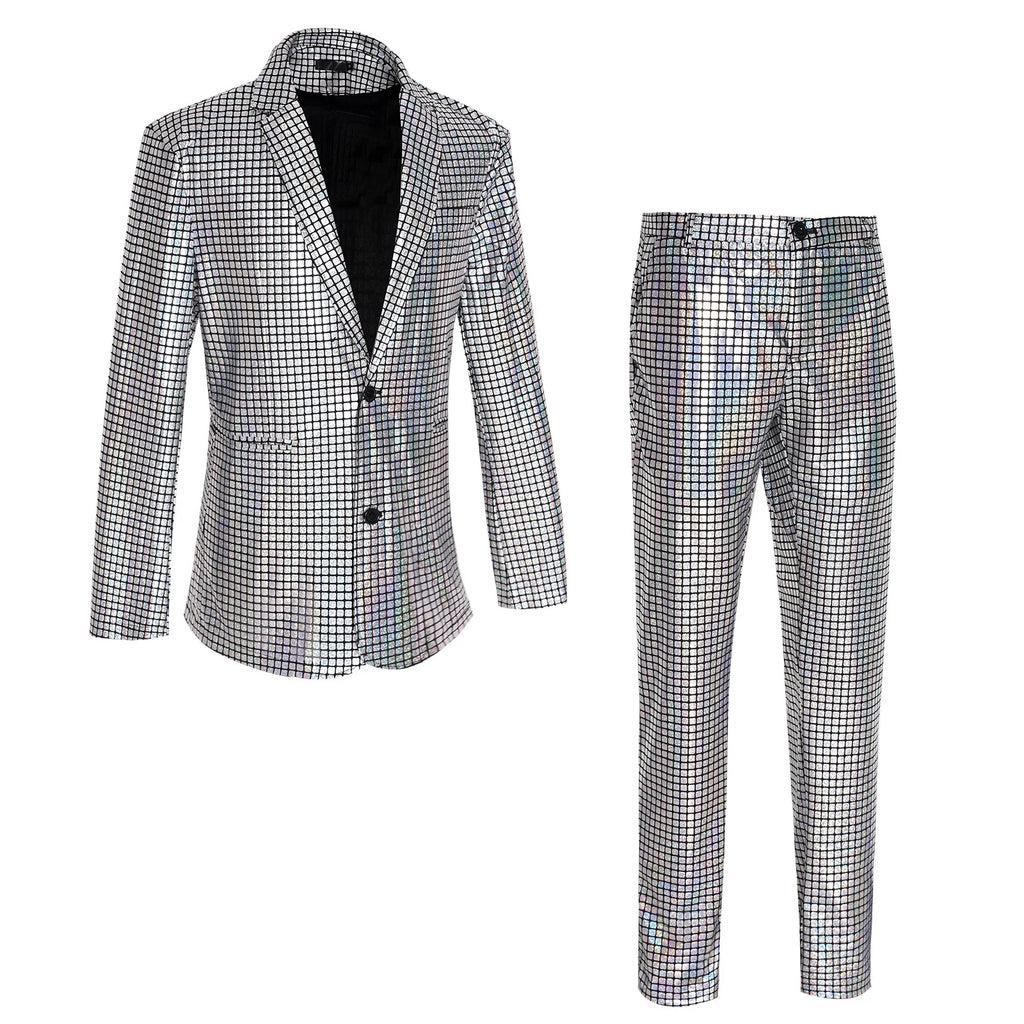 Men's New Cool Performance Set, Sequin Gold Stamping Business Casual Two-piece, One-row Two-button Slim-fit Blazer + Trousers