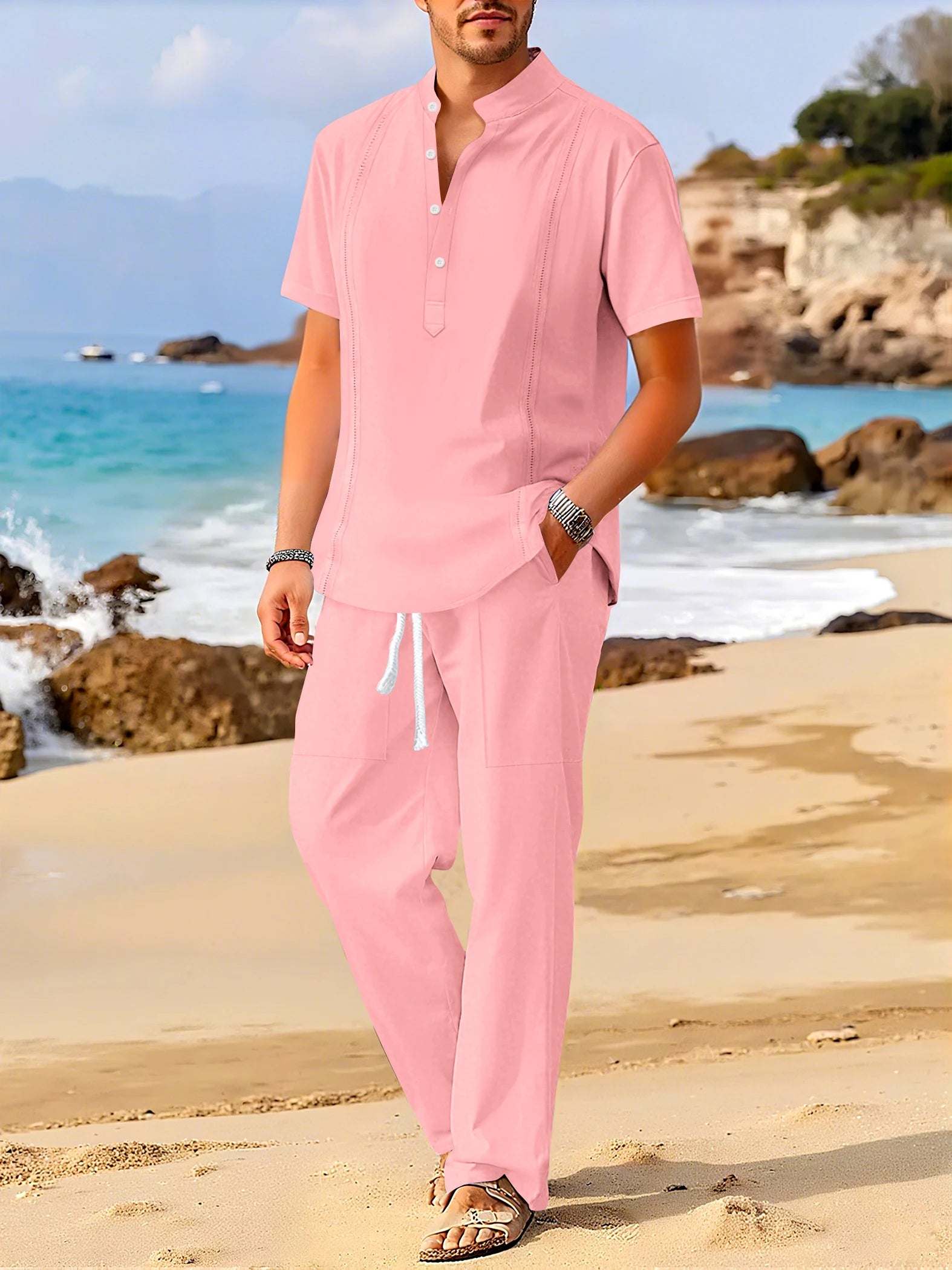 Men's Fashionable Cotton Linen Shirt Set with Cuban Pocket Long Sleeve Casual Two-Piece Suit Spring Autumn 100% Natural Fiber