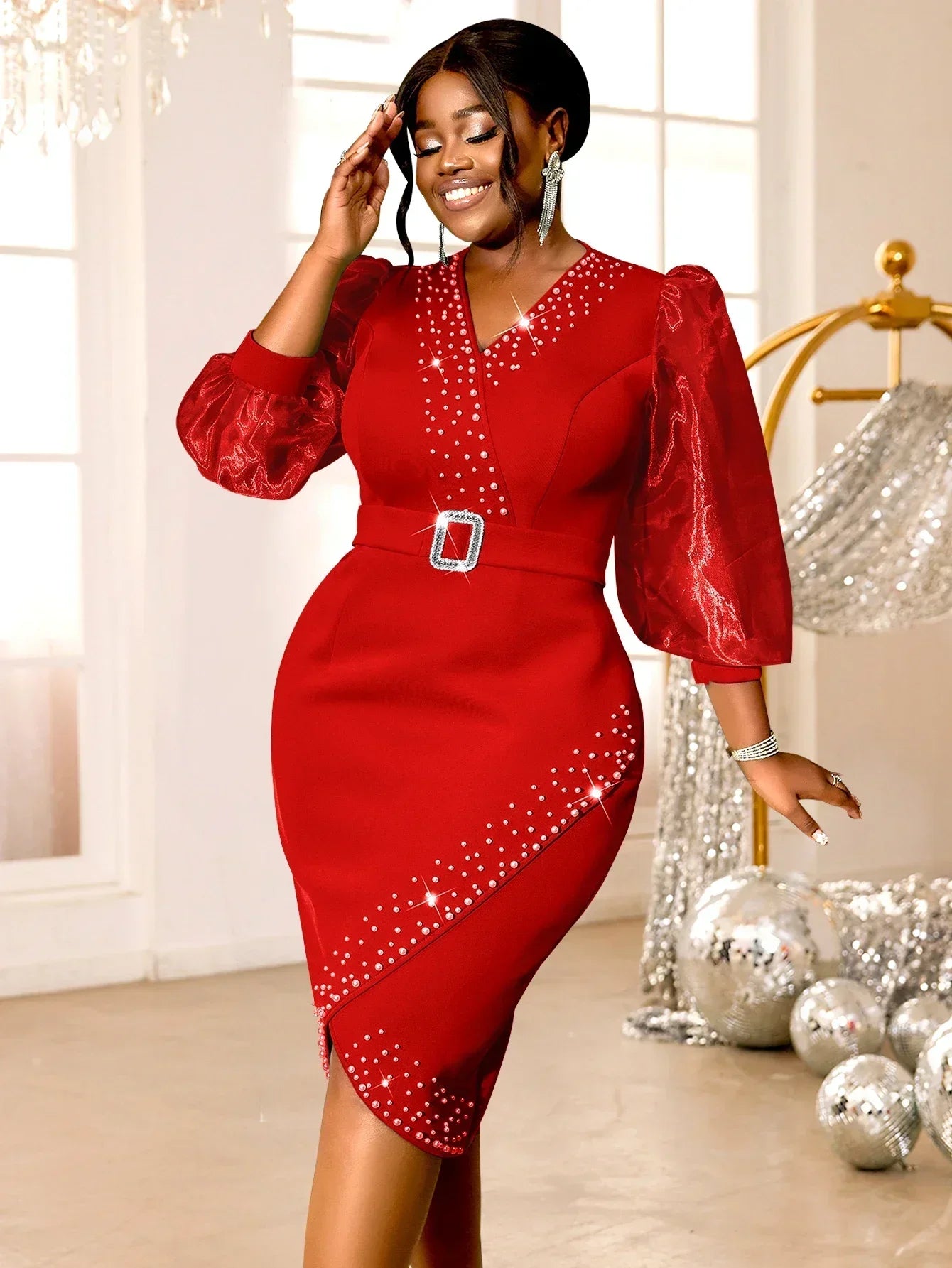 Luxury Red Evening Dress V-neck Bead Belt Mesh Lantern Long Sleeve Sexy Women's Party Classy Office Ladies Wedding Guest Gowns