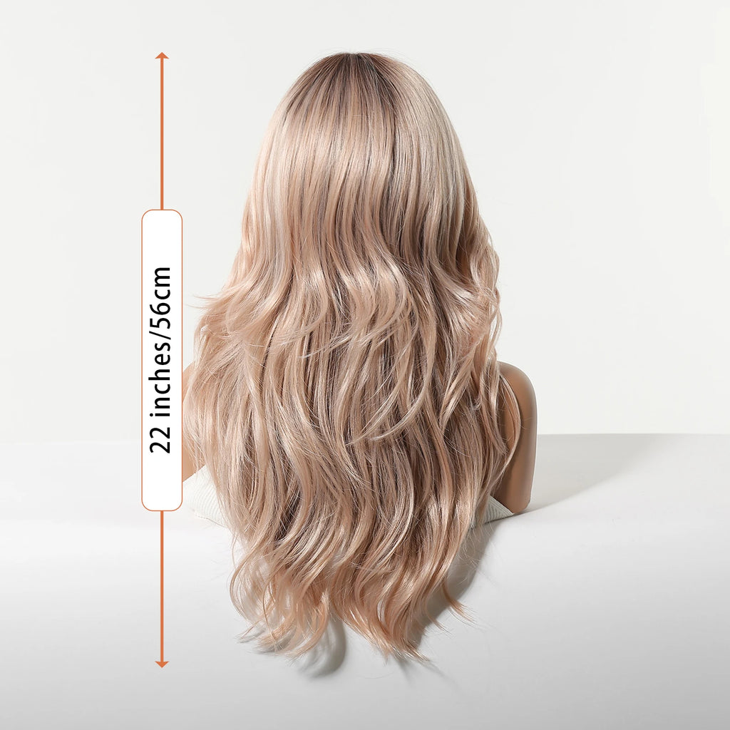 Rose Blonde Ombre Brown Long Natural Wave Synthetic Wigs with Bangs for Women Heat Resistant Daily Cosplay Party Hairs Wig Use