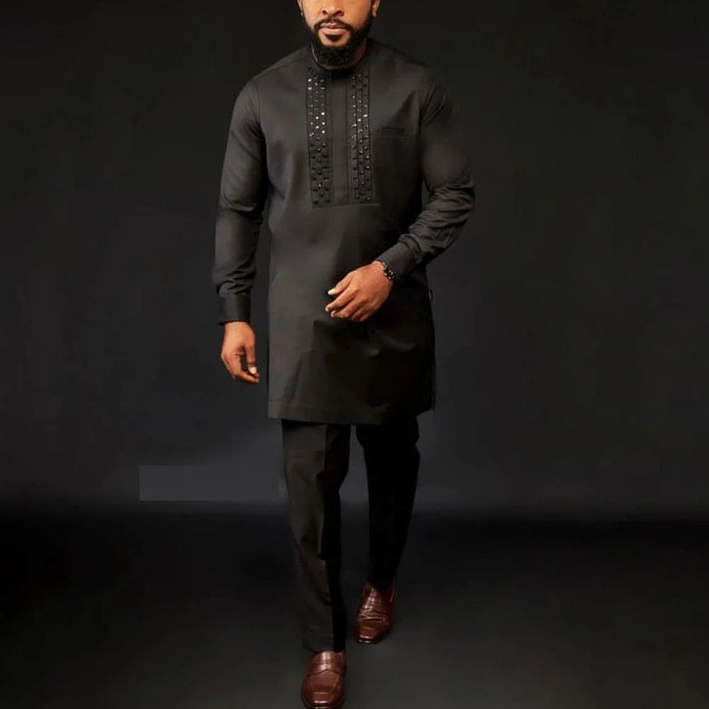 2025 New African Traditional Men's Suit Fashion Luxury Men's Suit Casual Loose Two Piece Set Holiday Wedding Men's Suit Kaftan