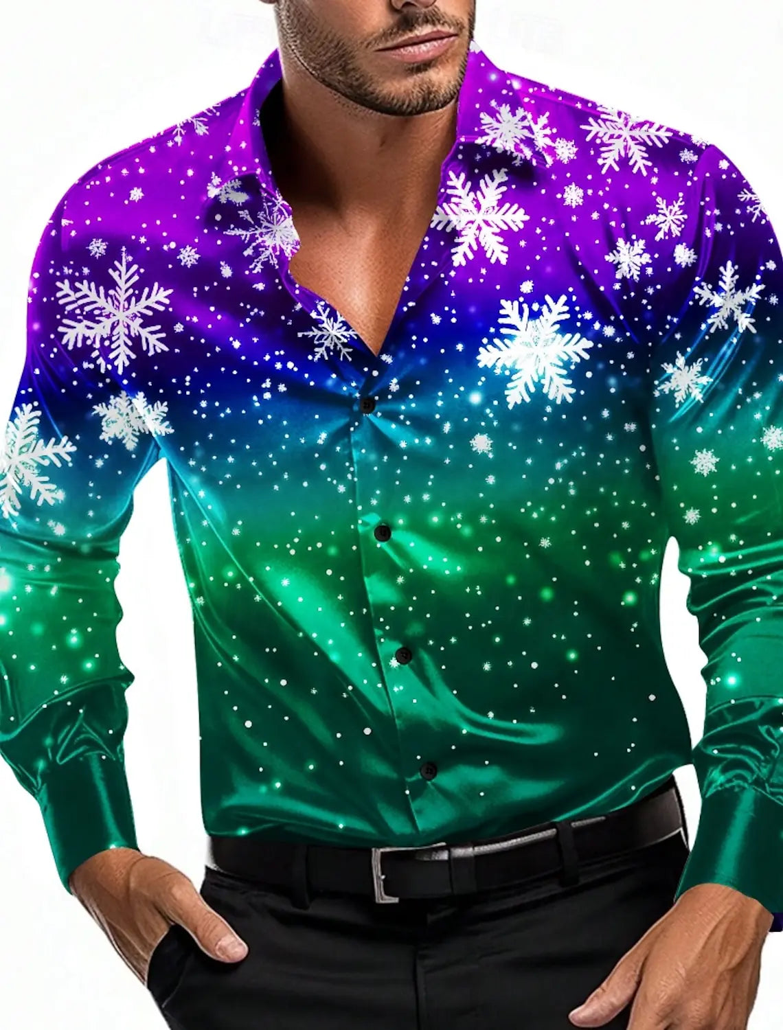 Christmas Theme Men's Christmas Trees Printed Shirts Snowflake Gradient Graphics Button Up Long Sleeve Shirts Fashion Tops Thin