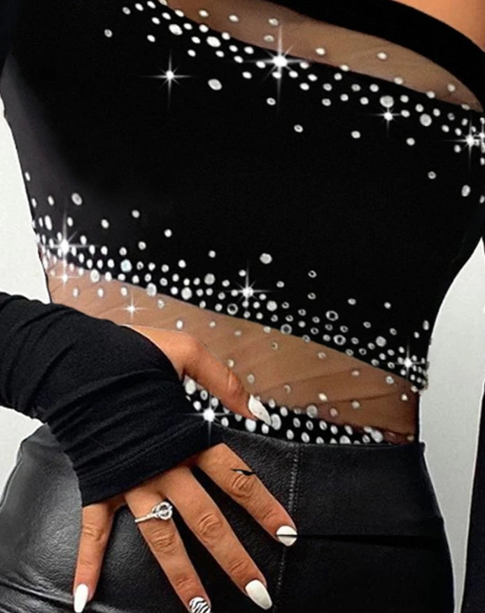 Women's Fashion Skinny T-Shirt Daily Clothing Rhinestone Bandeau Sheer Mesh Slim Long Sleeve Tee Sexy Top for Women Blouses, dress