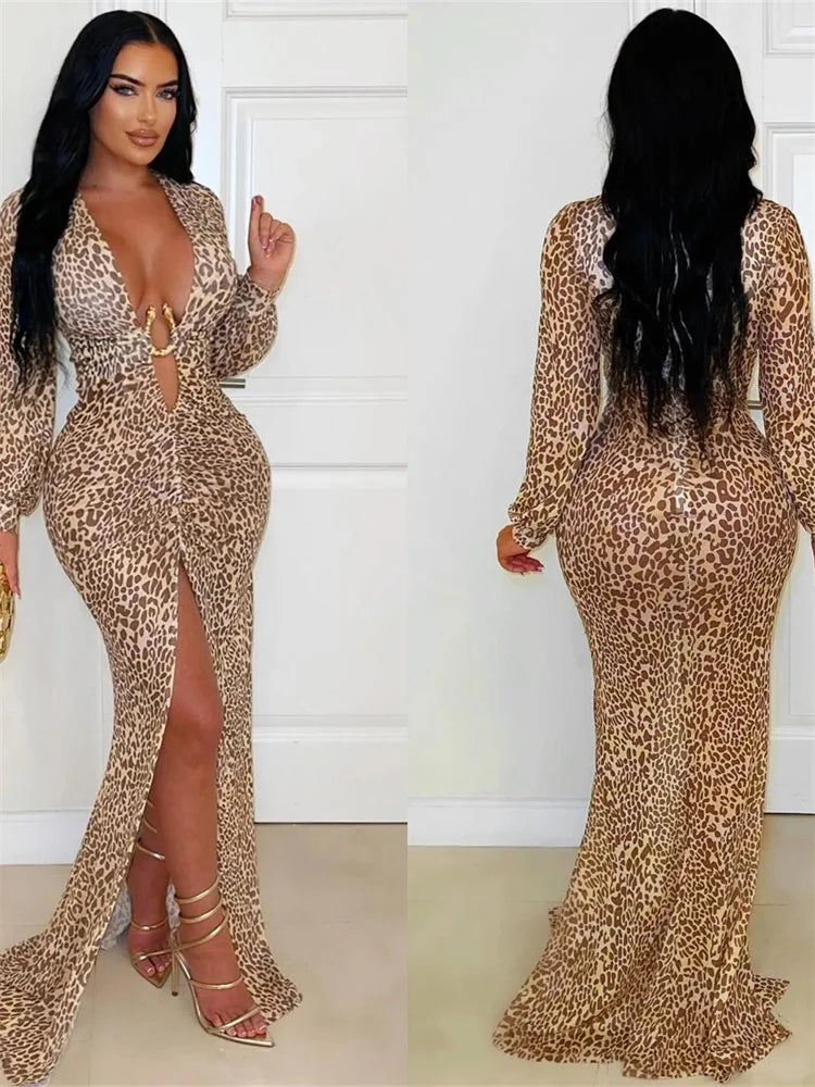 Sexy Leopard Split Dress Women Deep V-Neck Metal Decoration Elegant Peach Hip Street Club Stretch Skinny Maxi Bodycon