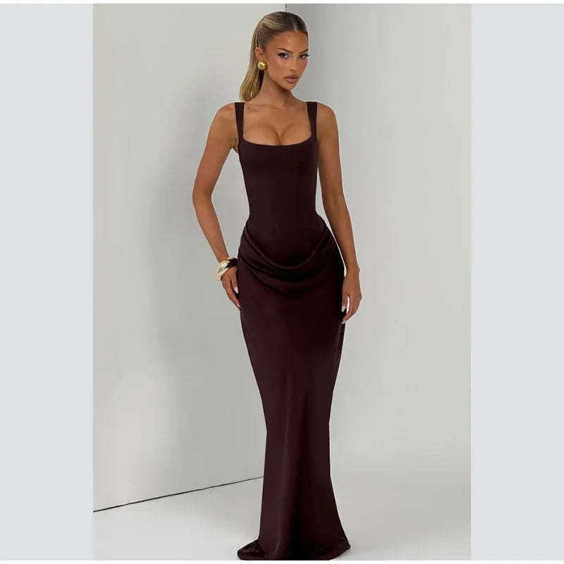 Women Brown Pleated Sling Maxi Dress Square Neck Sleeveless Off-shoulder Waist Cinching Slim Dresses Fashion Evening Party Gowns