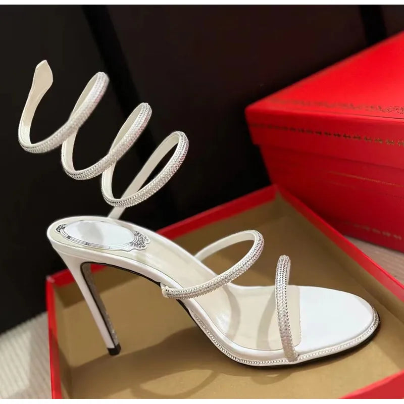 Fashion Summer Snake Twine Around Crystal Women Sandals Luxury Rhinestones Thin High heels Gladiator Sandals  Party Prom Shoes, match a dress anytime