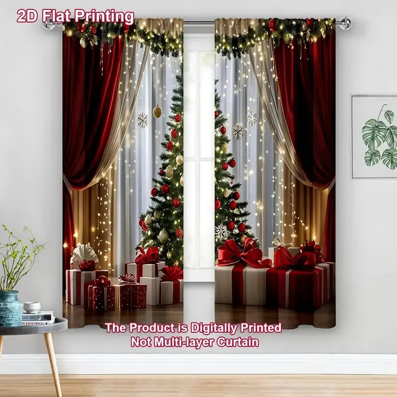 2 pieces - Luxurious Christmas tree print curtains, pole bag curtains, home decoration, room decoration、30*65inch