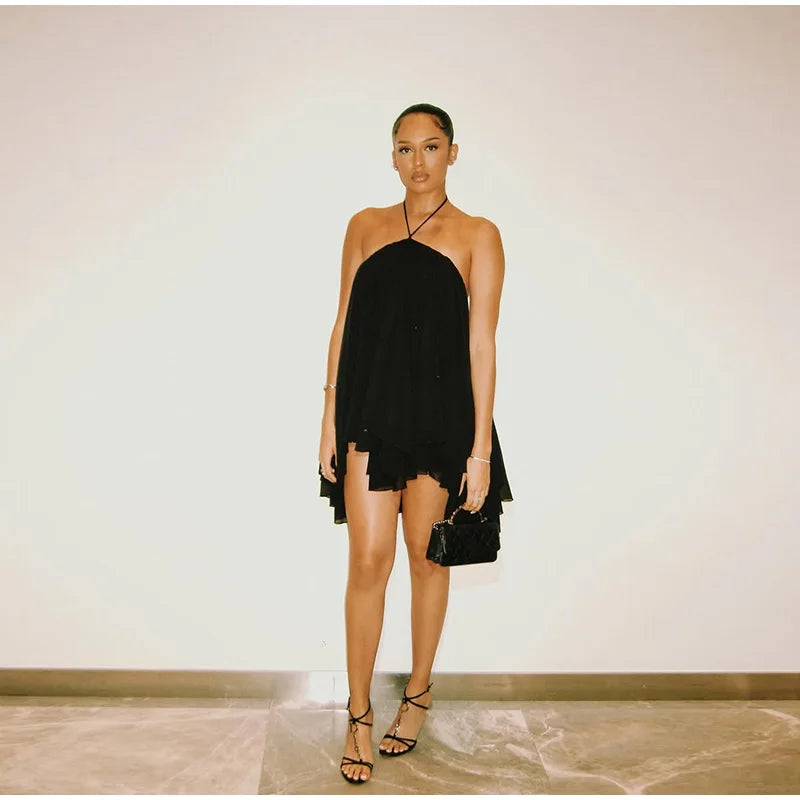 Elegant Halter Ruffles Short Dress Women Loose Solid Strapless Sleeveless Backless Dresses 2025 Summer Lady Beach Vacation Robes