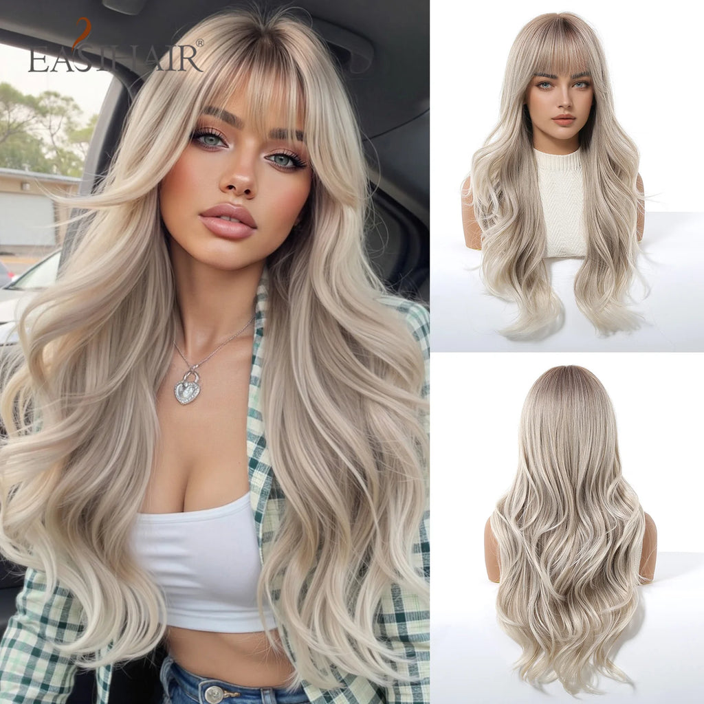 Rose Blonde Ombre Brown Long Natural Wave Synthetic Wigs with Bangs for Women Heat Resistant Daily Cosplay Party Hairs Wig Use