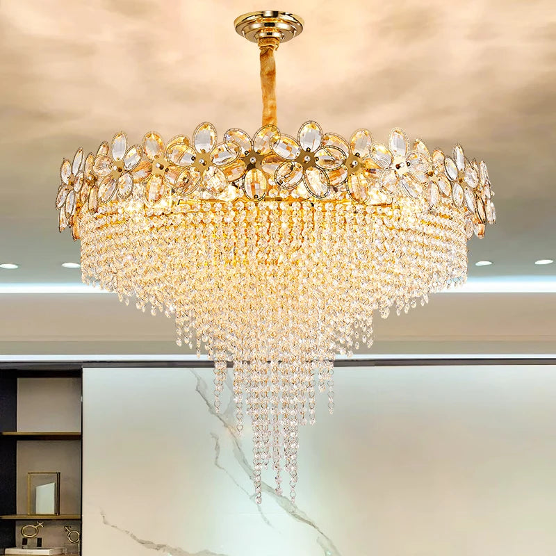 Modern Flower Crystal Tassel Chandelier Living Room Dining Room Gold Crystal Ceiling Pendant Lights Vila Lobby Lighting Fixtures