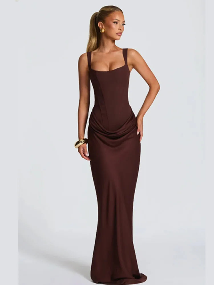 Women Brown Pleated Sling Maxi Dress Square Neck Sleeveless Off-shoulder Waist Cinching Slim Dresses Fashion Evening Party Gowns