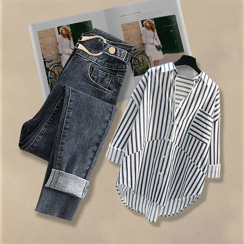Women Spring/Summer New Matching Set 2026 Korean Elegant Striped Shirt Top+Jeans Two Piece Female Loose Blouse Denim Pants Suit