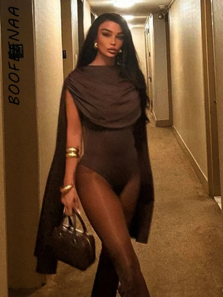 BOOFEENAA Cowl Neck Sleeveless Bodysuit Tops Spring 2025 Women Sexy Clothing Brown One Pieces Club Outfit C85-CZ24, dress