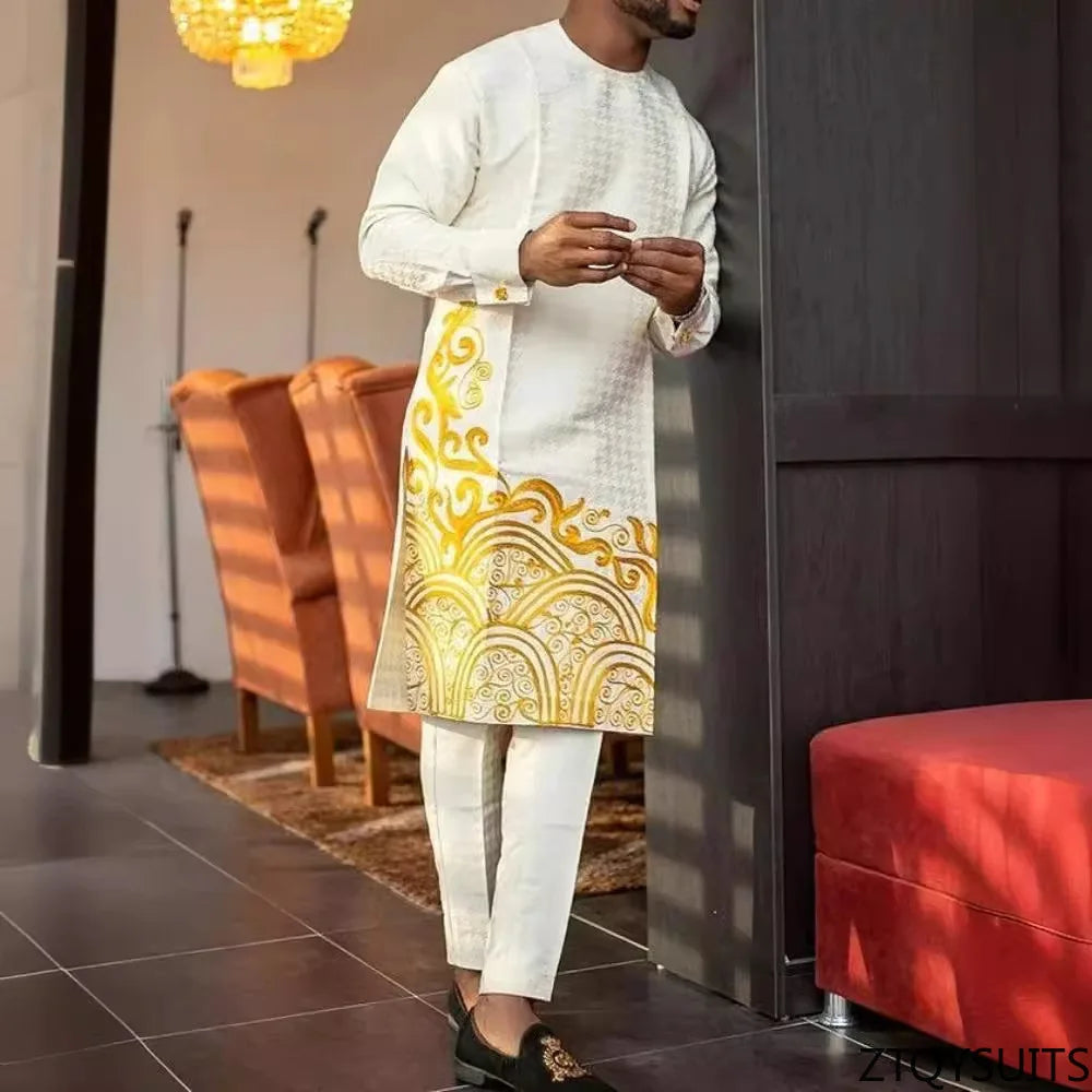 New African Men's Heat Pressed Casual Gold Long Sleeve Top and Solid Pants, Two Piece Slim Fit Handsome and Elegant Suit