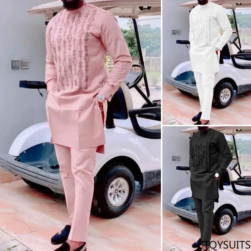 Two Pieces Set Men African Suit Long Sleeve Round Collar Print Shirt Pants Africa Traditional Wedding Party Outfits Slim Suits